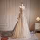 Luxury A line High Neckline Long Sequin Champagne Prom Dress B150