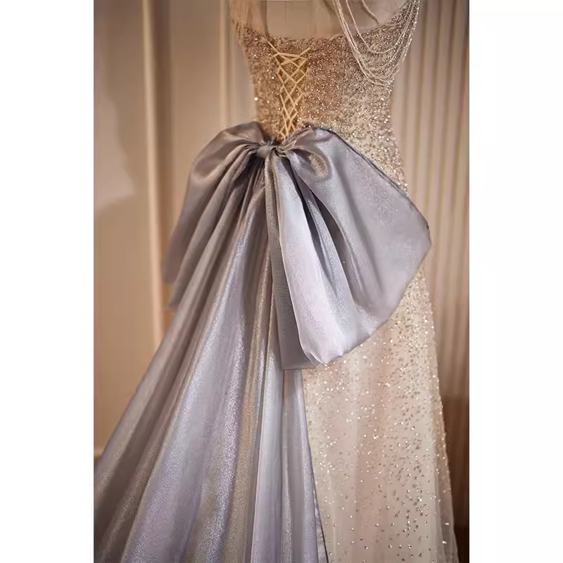 Luxury A line High Neckline Long Sequin Champagne Prom Dress B150
