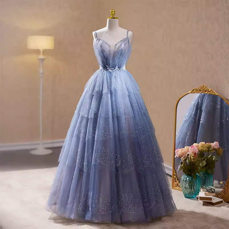 Robe de bal de luxe bleue à bretelles et paillettes, ligne A, longue, B151