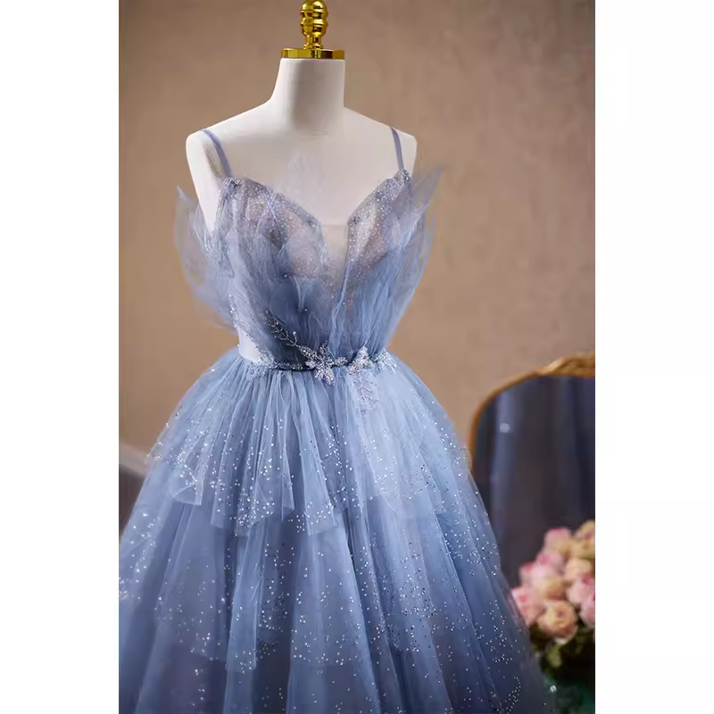 Robe de bal de luxe bleue à bretelles et paillettes, ligne A, longue, B151