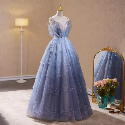 Robe de bal de luxe bleue à bretelles et paillettes, ligne A, longue, B151