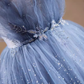 Robe de bal de luxe bleue à bretelles et paillettes, ligne A, longue, B151