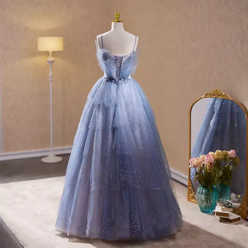 Robe de bal de luxe bleue à bretelles et paillettes, ligne A, longue, B151