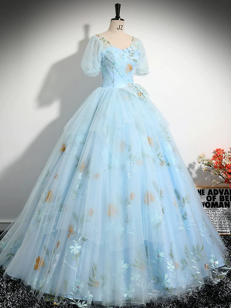 Vintage Ball Gown Blue Lace Long Sweet 16 Dress B154