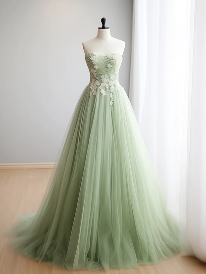 A-ligne chérie cou Tulle dentelle Applique vert longue robe de bal B157