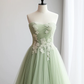 A-ligne chérie cou Tulle dentelle Applique vert longue robe de bal B157