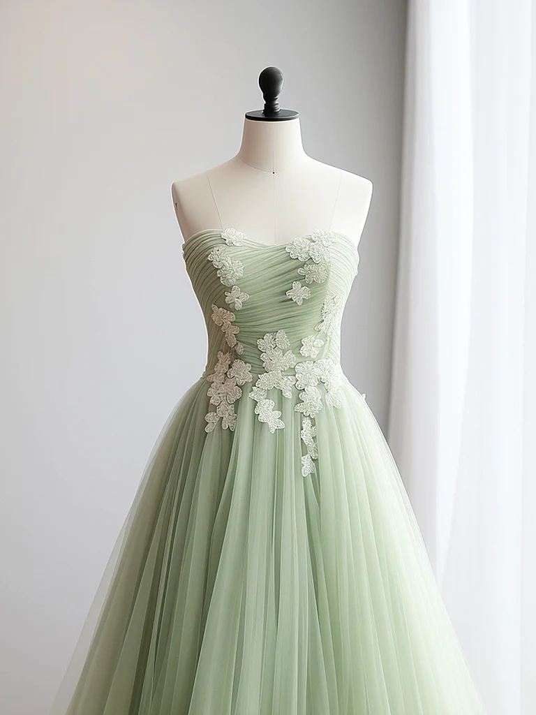 A-Line Sweetheart Neck Tulle Lace Applique Green Long Prom Dress B157