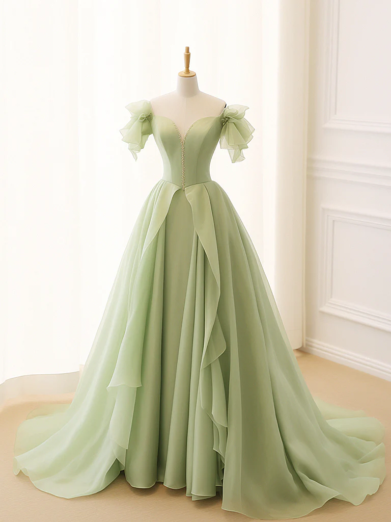 A-Line Sage Green Tulle Long Prom Dress B158