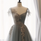 A-ligne chérie cou Tulle dentelle gris bleu longue robe de bal B159