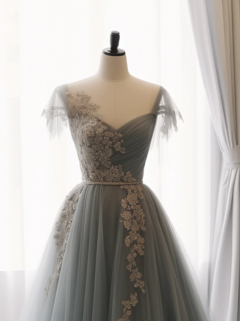 A-Line Sweetheart Neck Tulle Lace Gray Blue Long Prom Dress B159
