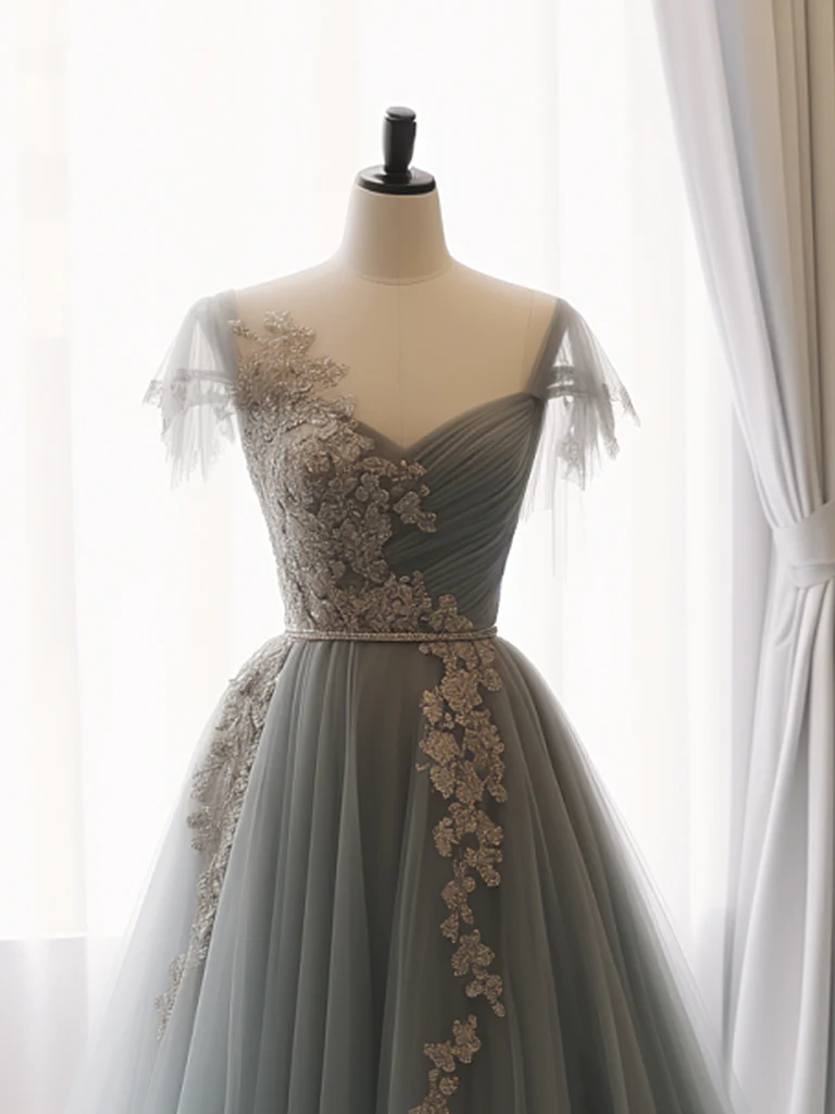 A-ligne chérie cou Tulle dentelle gris bleu longue robe de bal B159