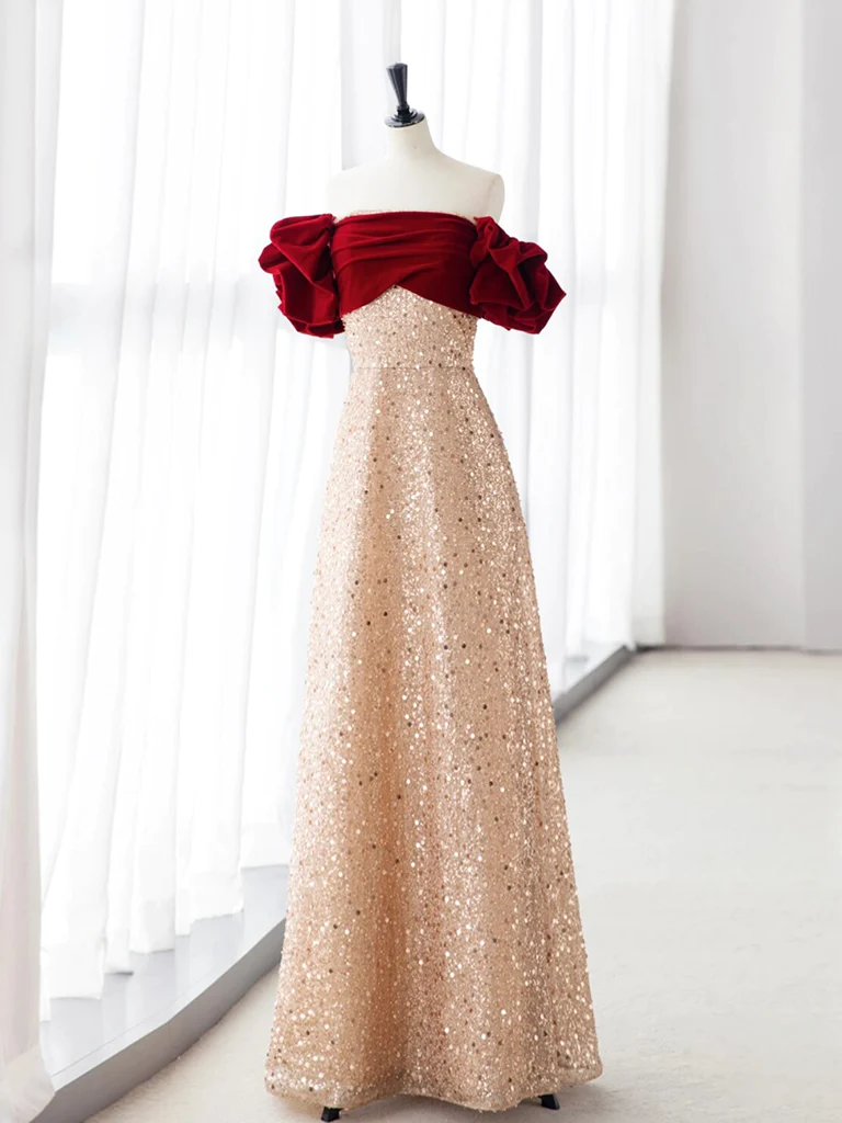Robe de bal longue en velours rouge à paillettes Champagne A-Line B160