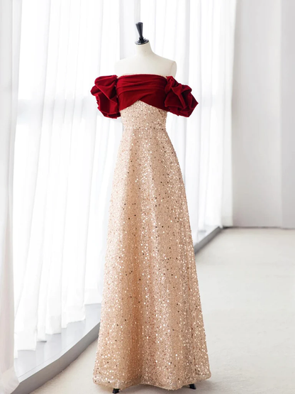 Robe de bal longue en velours rouge à paillettes Champagne A-Line B160