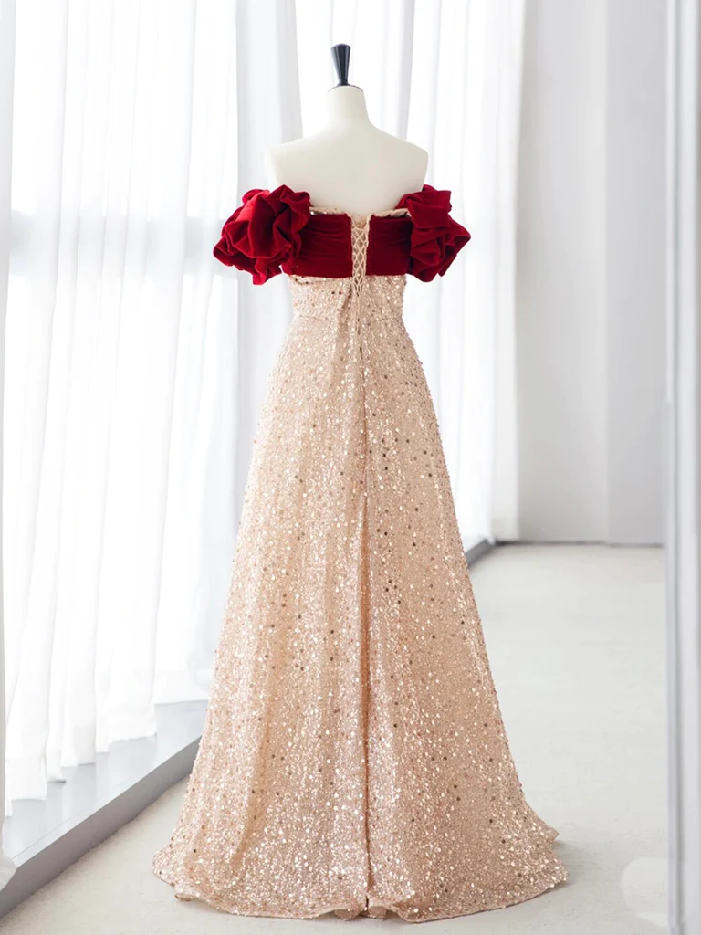 Robe de bal longue en velours rouge à paillettes Champagne A-Line B160