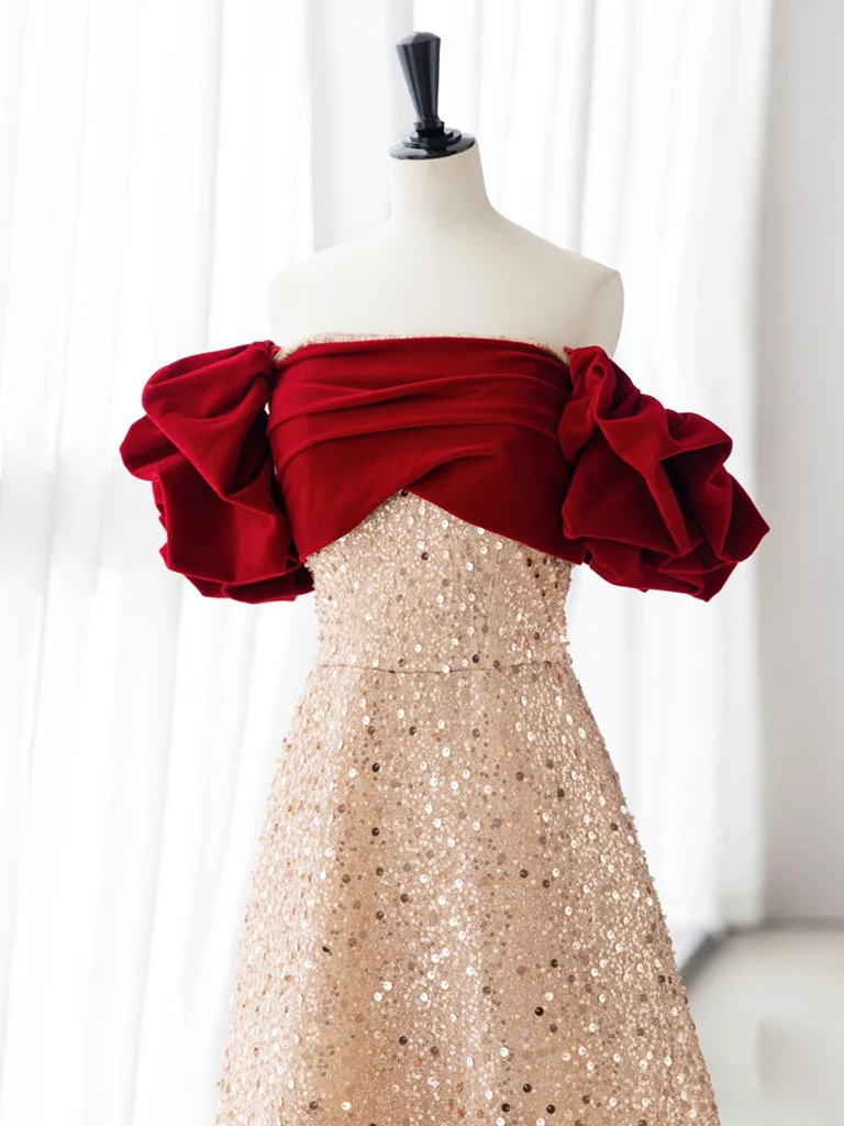 Robe de bal longue en velours rouge à paillettes Champagne A-Line B160