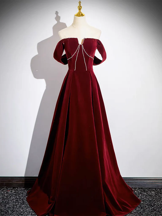 A-Line Velvet Burgundy Long Prom Dress B161