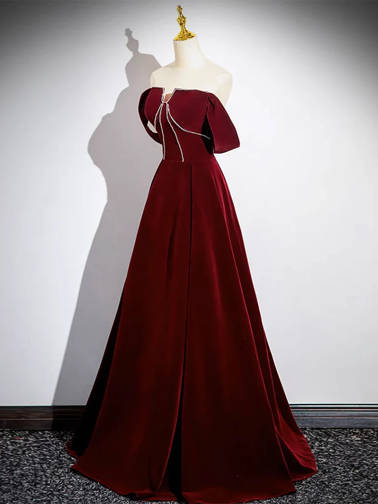 A-Line Velvet Burgundy Long Prom Dress B161