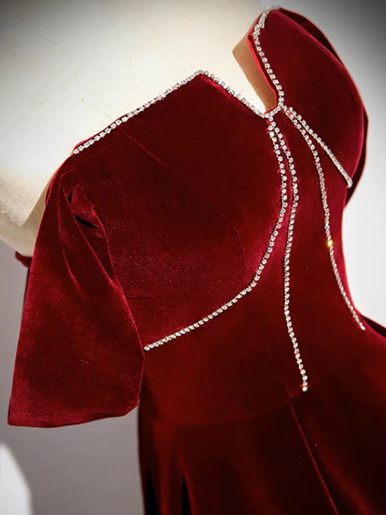 A-Line Velvet Burgundy Long Prom Dress B161