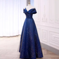 Robe de bal longue à paillettes bleu royal, ligne a, épaules dénudées, B163