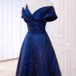 Robe de bal longue à paillettes bleu royal, ligne a, épaules dénudées, B163