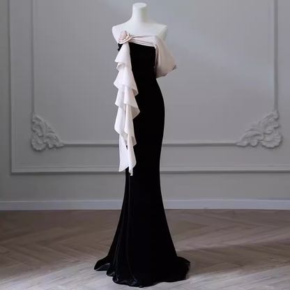 Robe de bal longue noire en velours sans bretelles simple sirène B166