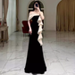 Robe de bal longue noire en velours sans bretelles simple sirène B166
