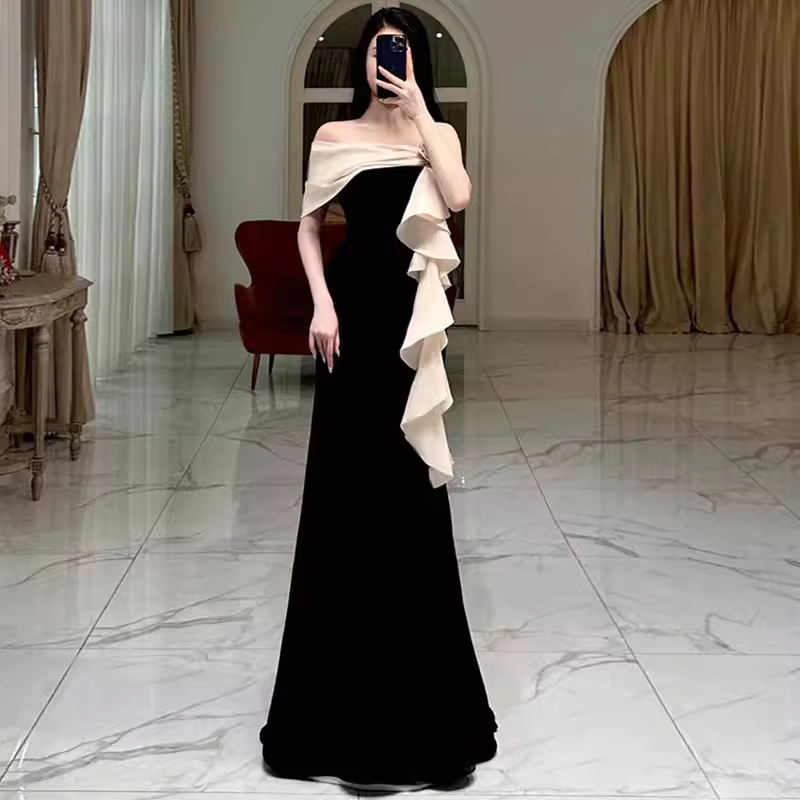 Simple Mermaid Strapless Velvet Black Long Prom Dress B166