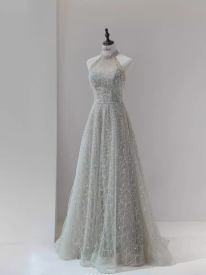 Sparkly A Line High Neckline Silver Sequin Long Prom Dress B168