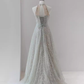 Sparkly A Line High Neckline Silver Sequin Long Prom Dress B168