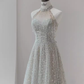 Sparkly A Line High Neckline Silver Sequin Long Prom Dress B168