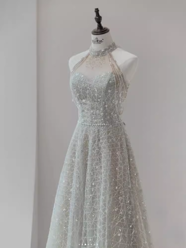 Sparkly A Line High Neckline Silver Sequin Long Prom Dress B168