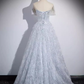 Sparkly A Line Off The Shoulder Silver Gray Feathers Long Prom Dress B170
