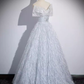 Sparkly A Line Off The Shoulder Silver Gray Feathers Long Prom Dress B170