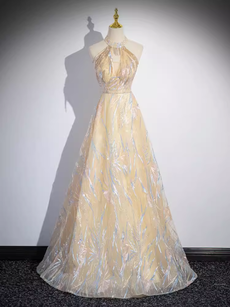 Sparkly A Line High Neckline Champagne Long Prom Dress B171