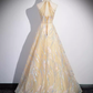 Sparkly A Line High Neckline Champagne Long Prom Dress B171