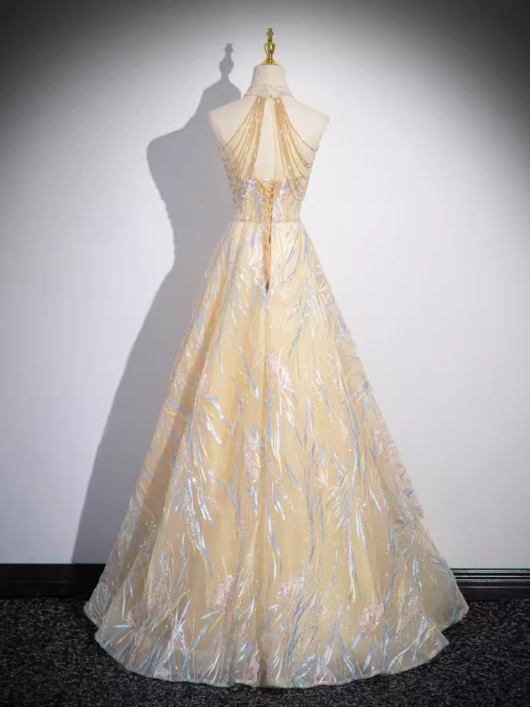 Sparkly A Line High Neckline Champagne Long Prom Dress B171