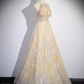 Sparkly A Line High Neckline Champagne Long Prom Dress B171