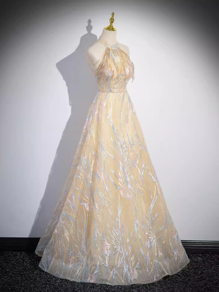 Sparkly A Line High Neckline Champagne Long Prom Dress B171