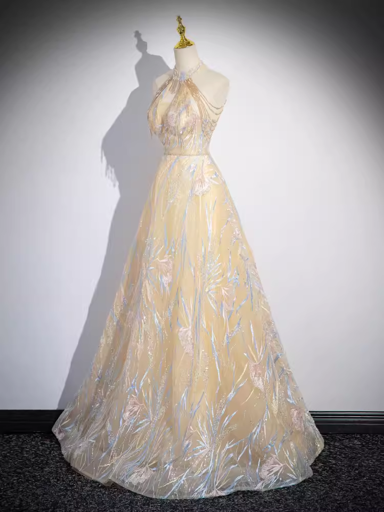 Sparkly A Line High Neckline Champagne Long Prom Dress B171