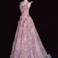 Sparkly A Line Straps Pink Floral Long Prom Dress B172