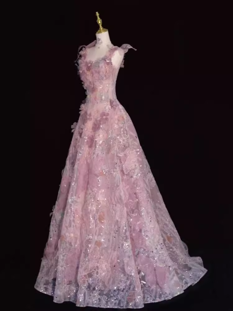 Robe de bal longue à fleurs roses scintillantes, bretelles trapèze, B172