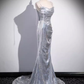 Robe de bal longue à bretelles sirène et paillettes argentées B174