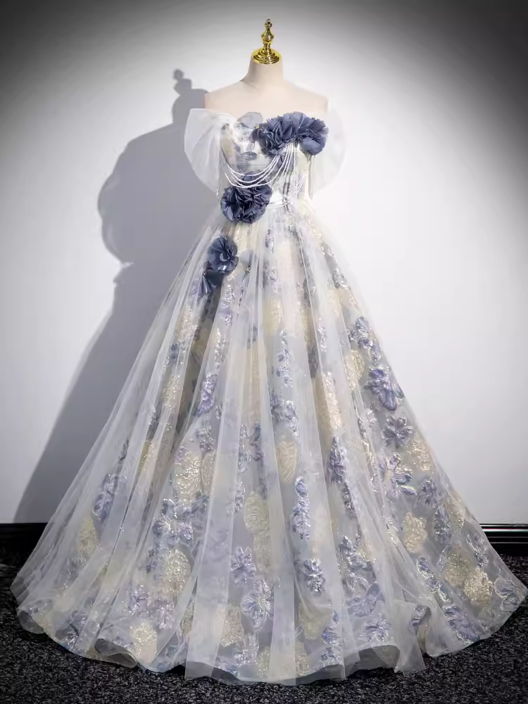 Belle robe de bal longue bleue à fleurs sans bretelles ligne A B177