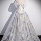 Beautiful A line Strapless Floral Blue Long Prom Dress B177