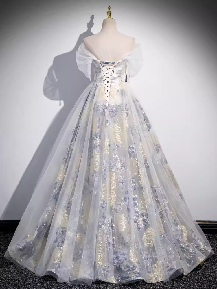Belle robe de bal longue bleue à fleurs sans bretelles ligne A B177