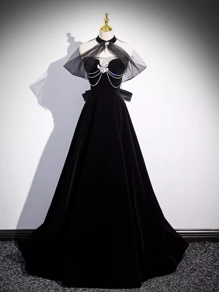 Simple A line High Neckline Velvet Black Long Prom Dress B179