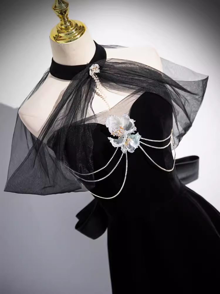 Simple A line High Neckline Velvet Black Long Prom Dress B179