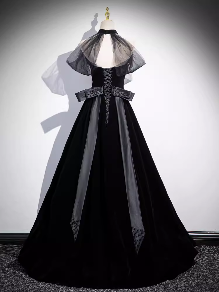 Simple A line High Neckline Velvet Black Long Prom Dress B179