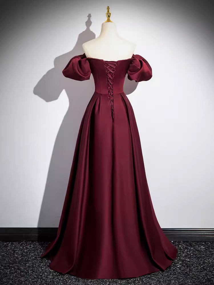 Simple A line Strapless Satin Burgundy Long Prom Dress B180