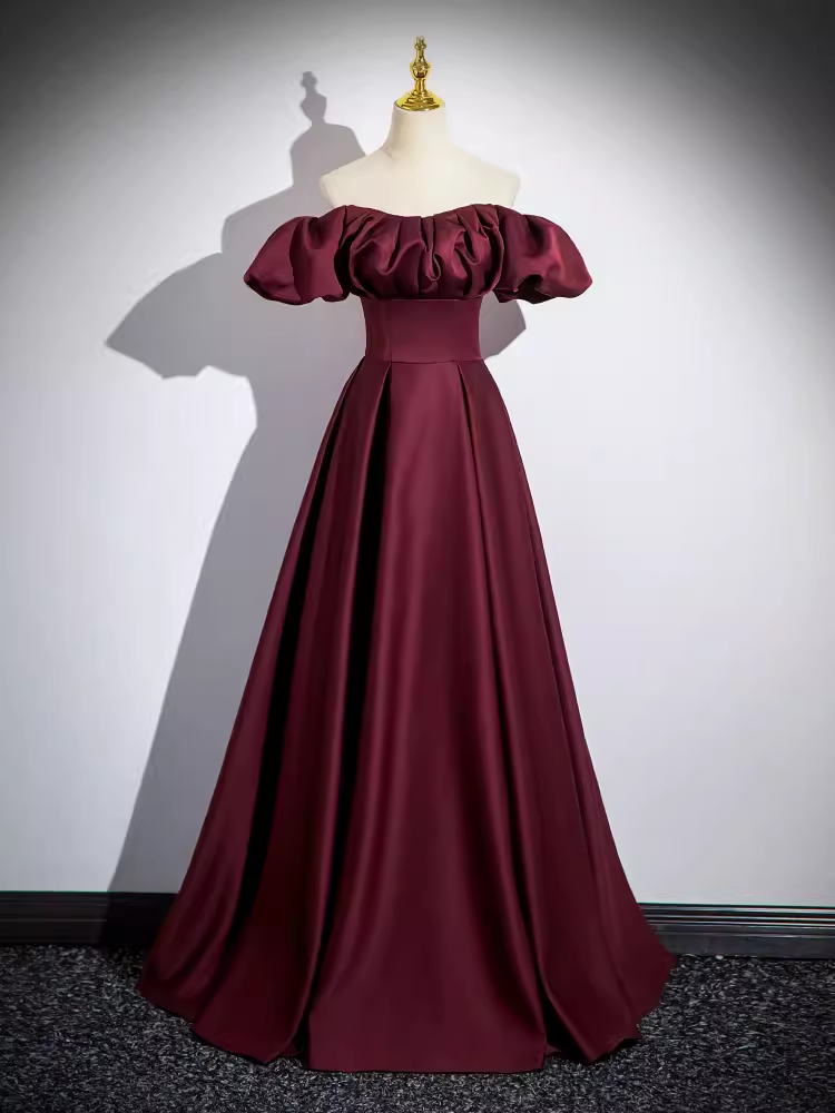 Simple A line Strapless Satin Burgundy Long Prom Dress B180